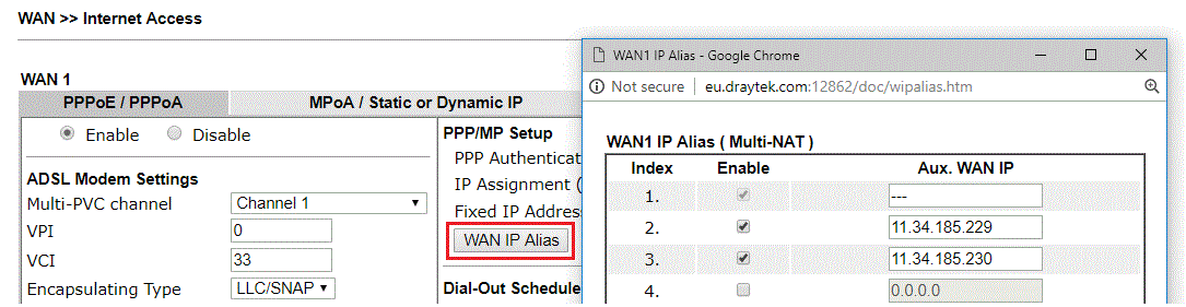 s acreenshot of DrayOS WAN IP alias settings